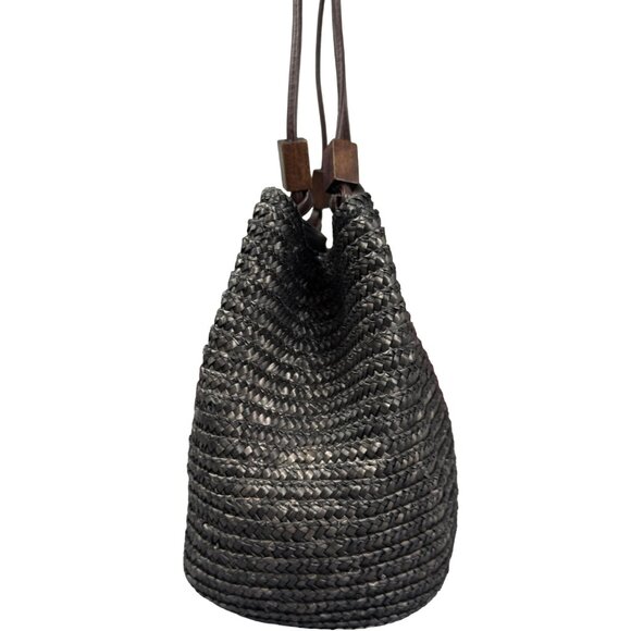 Charter Club Classics Woven Straw Shoulder Bag Black Wooden Bead Handles accents - Picture 4 of 10
